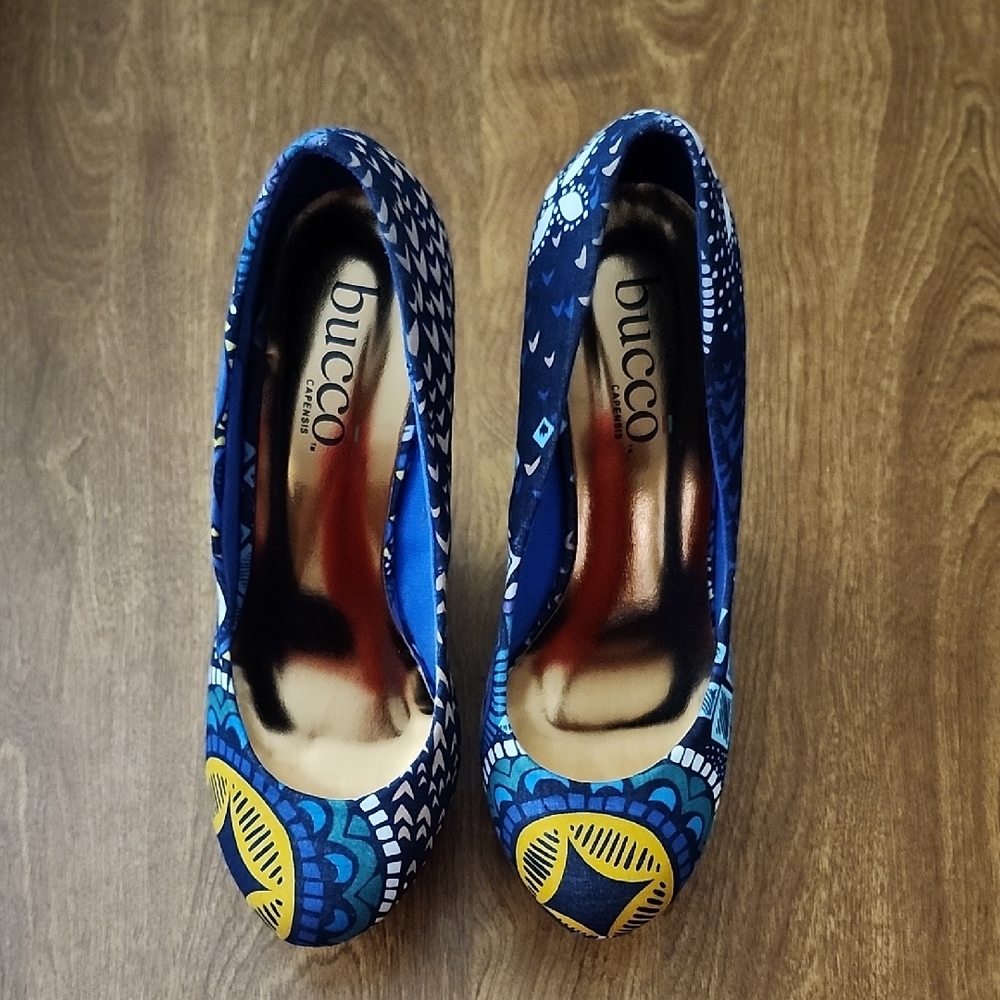 Bucco Blue and Yellow African Print Heels